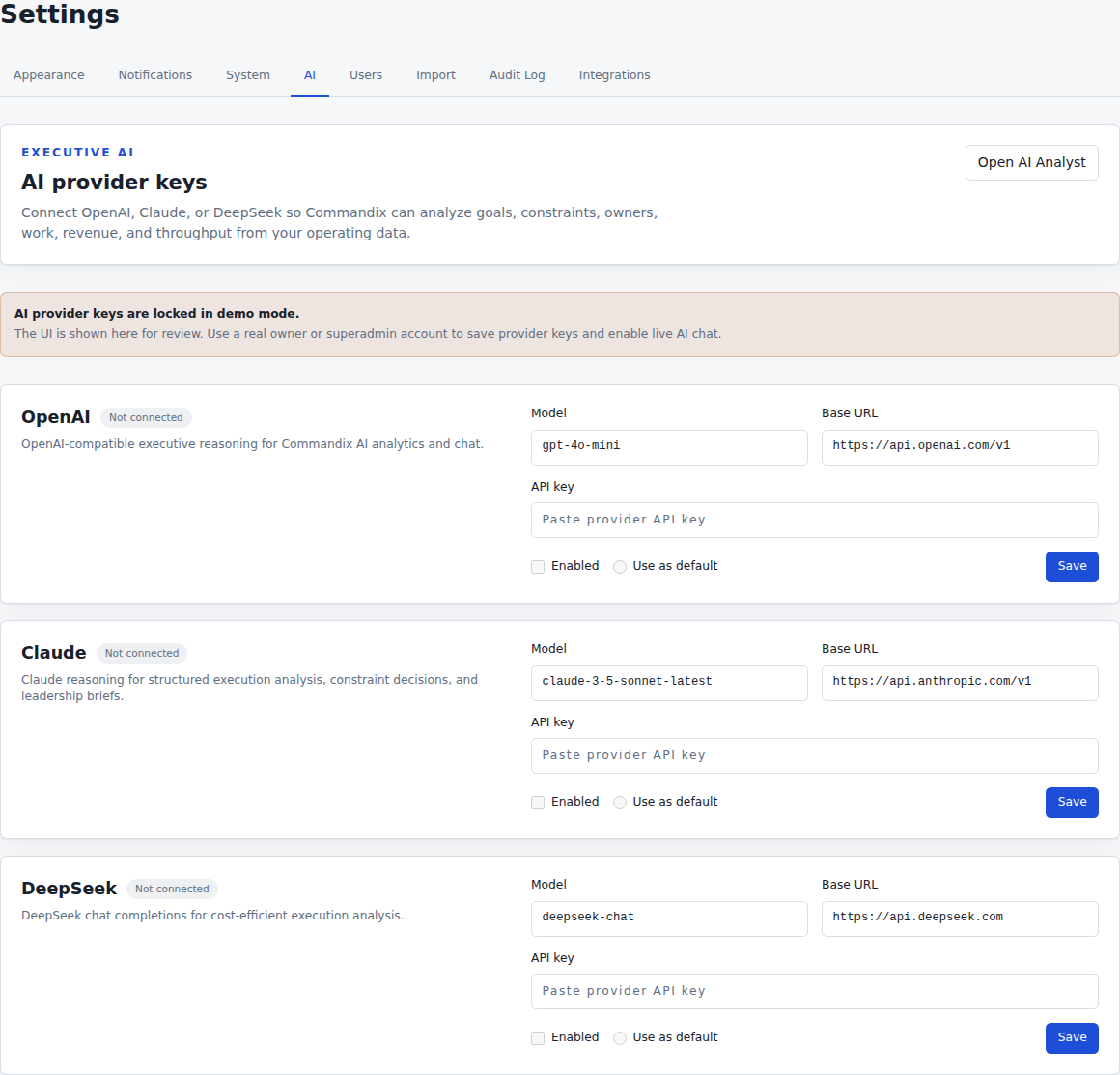 AI provider settings in Commandix for AI executive analyst software, showing Owners can connect OpenAI, Claude, or DeepSeek providers from Settings.