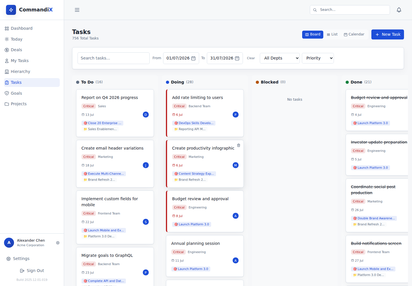 Work-in-progress and task flow in Commandix for Theory of Constraints software, showing See planned, active, blocked, and completed work so the system can stop releasing demand.